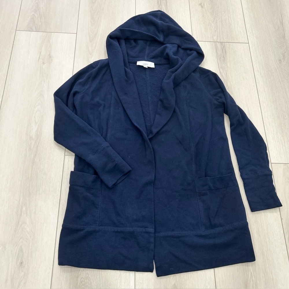 LOFT Women’s SOFT Navy Blue Open Style Hooded Cardigan Size Small Pockets